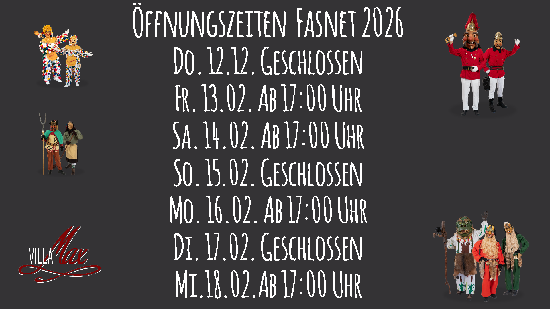 &Ouml;ffnungszeiten Fasnet 2026